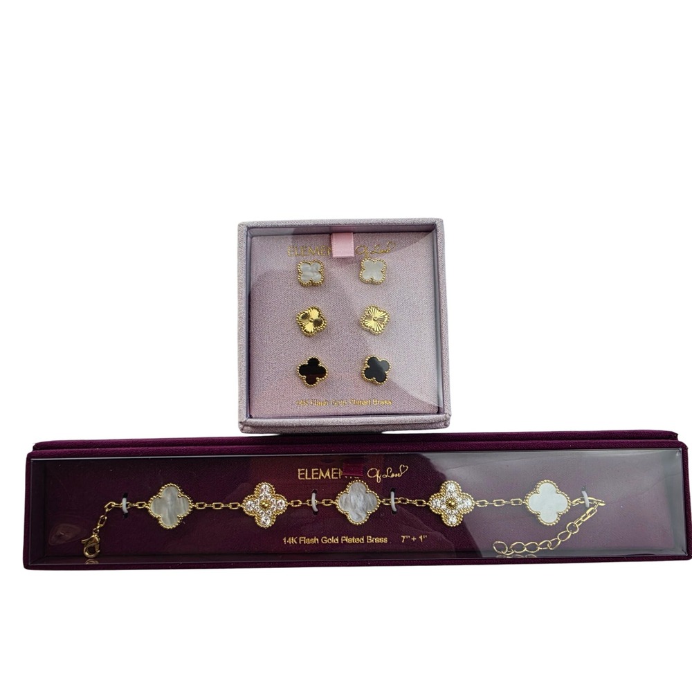 Elements of Love 14K Flash Gold Plated Quatrefoil Earring & Bracelet Jewelry Set